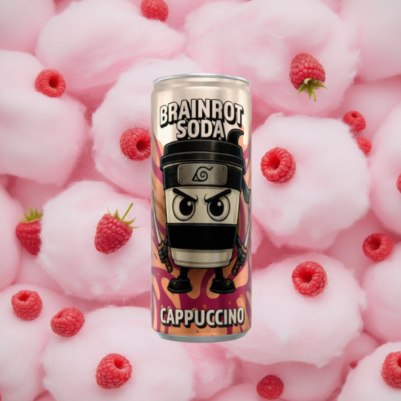 🧠 Brainrot Soda - Cappuccino Assassino  sans sucre - framboise & barbe à papa 25cl