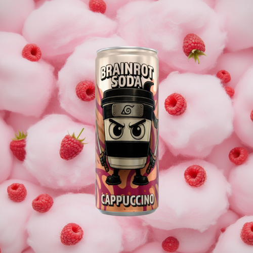 🧠 Brainrot Soda - Cappuccino Assassino  sans sucre - framboise & barbe à papa 25cl