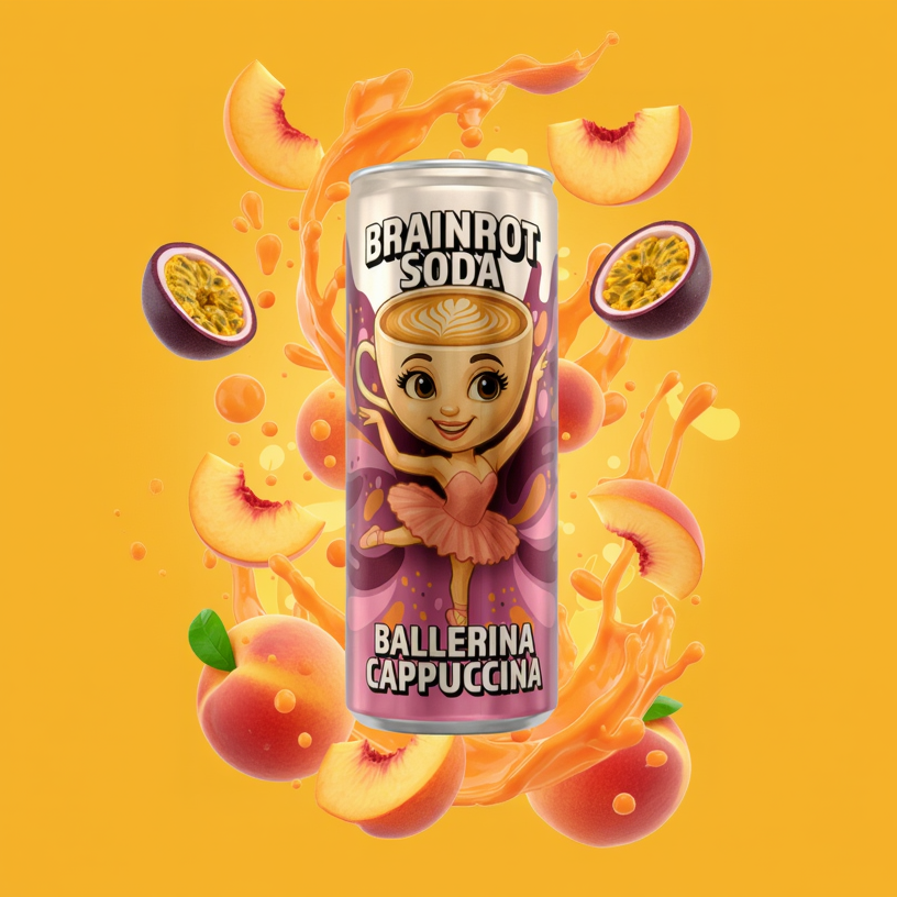 🩰 Brainrot Soda gazeuse sans sucre  – Ballerina Cappuccina – Peche & Fruit de la passion25cl