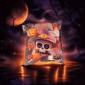 Sachet de bonbons Halloween de 100 g, rempli d’un mélange varié de friandises colorées et acidulées, présenté dans un emballage décoré de motifs effrayants comme des citrouilles, fantômes et chauves-souris. 